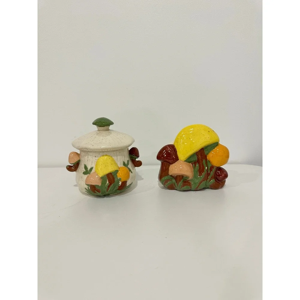 Vintage Ceramic Mushroom Sugar Bowl and Napkin Holder Set Retro Kitchen Decor